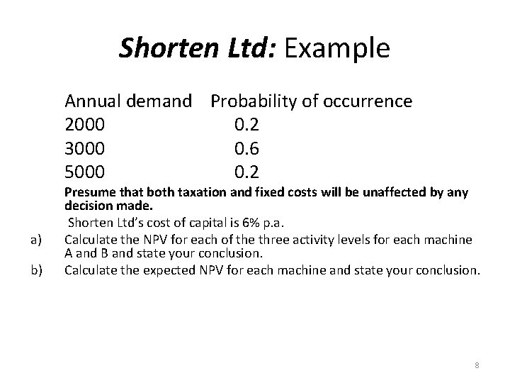 Shorten Ltd: Example Annual demand Probability of occurrence 2000 0. 2 3000 0. 6