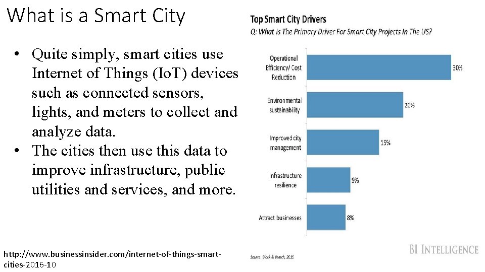 What is a Smart City • Quite simply, smart cities use Internet of Things