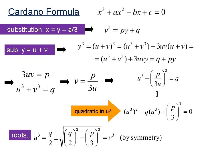 Cardano Formula substitution: x = y – a/3 sub. y = u + v
