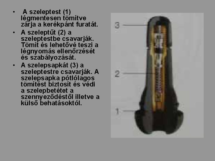  • A szeleptest (1) légmentesen tömítve zárja a kerékpánt furatát. • A szeleptűt