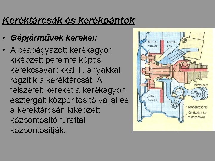 Keréktárcsák és kerékpántok • Gépjárművek kerekei: • A csapágyazott kerékagyon kiképzett peremre kúpos kerékcsavarokkal