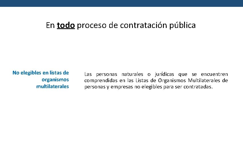 En todo proceso de contratación pública No elegibles en listas de organismos multilaterales Las