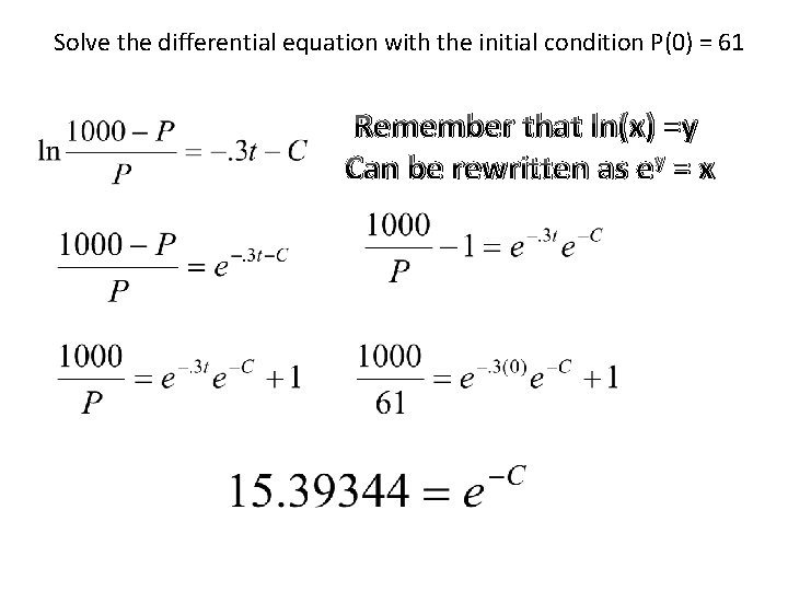 Solve the differential equation with the initial condition P(0) = 61 Remember that ln(x)