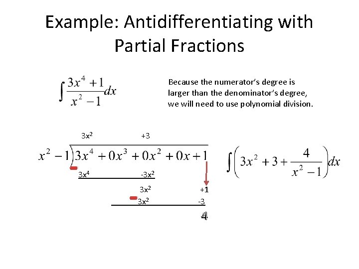 Example: Antidifferentiating with Partial Fractions Because the numerator’s degree is larger than the denominator’s