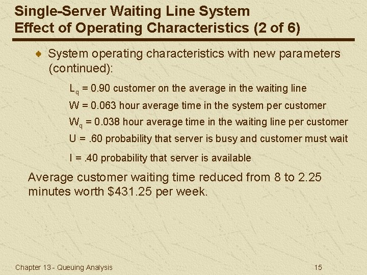 Single-Server Waiting Line System Effect of Operating Characteristics (2 of 6) System operating characteristics