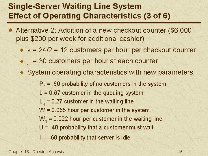 Single-Server Waiting Line System Effect of Operating Characteristics (3 of 6) Alternative 2: Addition