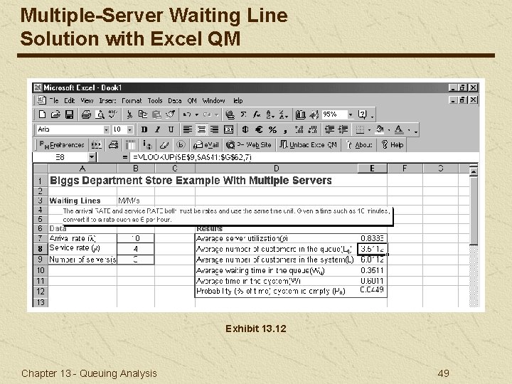 Multiple-Server Waiting Line Solution with Excel QM Exhibit 13. 12 Chapter 13 - Queuing