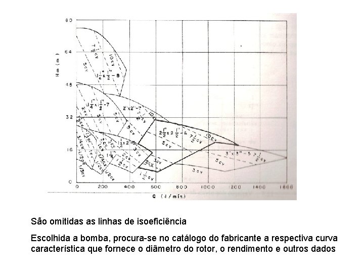 São omitidas as linhas de isoeficiência Escolhida a bomba, procura-se no catálogo do fabricante