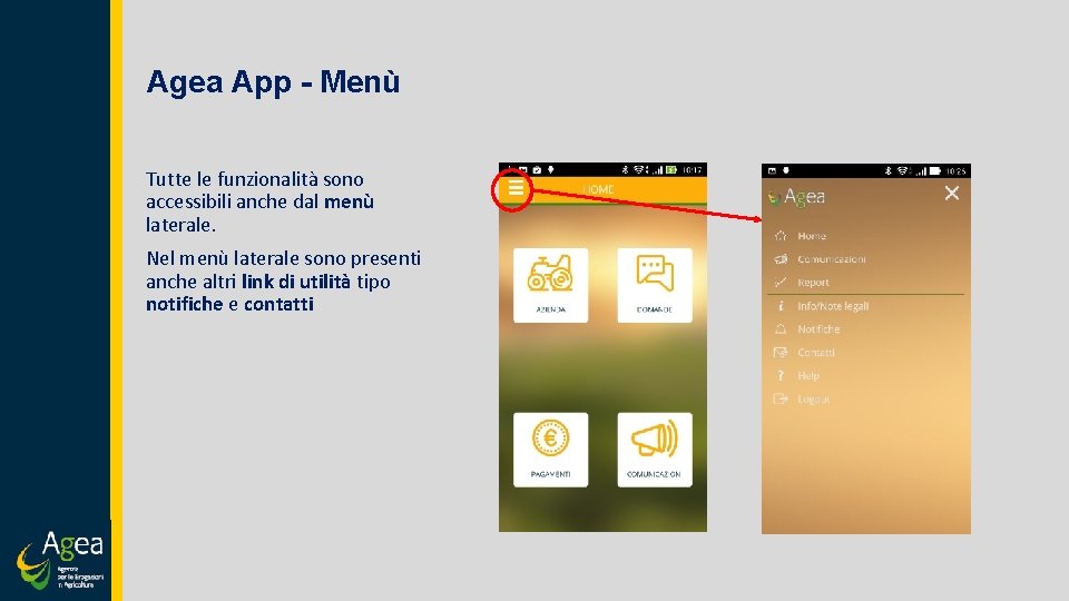 Agea App - Menù Tutte le funzionalità sono accessibili anche dal menù laterale. Nel