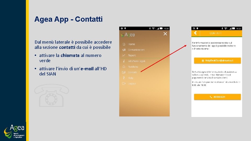 Agea App - Contatti Dal menù laterale è possibile accedere alla sezione contatti da