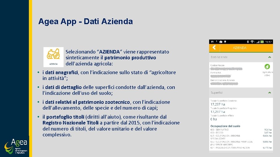 Agea App - Dati Azienda Selezionando “AZIENDA” viene rappresentato sinteticamente il patrimonio produttivo dell’azienda