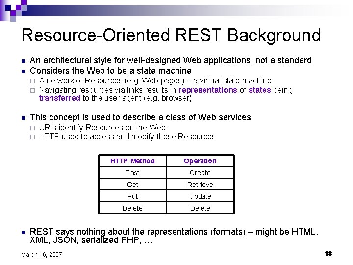 Resource-Oriented REST Background n n An architectural style for well-designed Web applications, not a