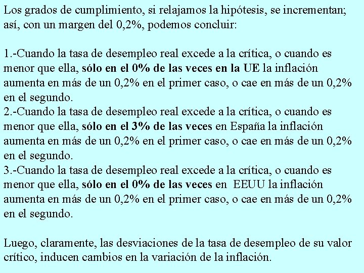 Los grados de cumplimiento, si relajamos la hipótesis, se incrementan; así, con un margen