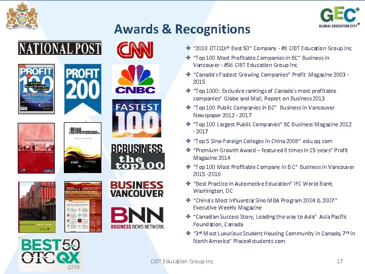 ® Awards & Recognitions ® v “ 2018 OTCQX® Best 50” Company - #8