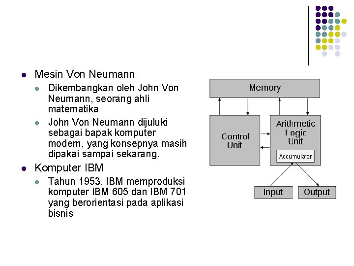 l Mesin Von Neumann l l l Dikembangkan oleh John Von Neumann, seorang ahli