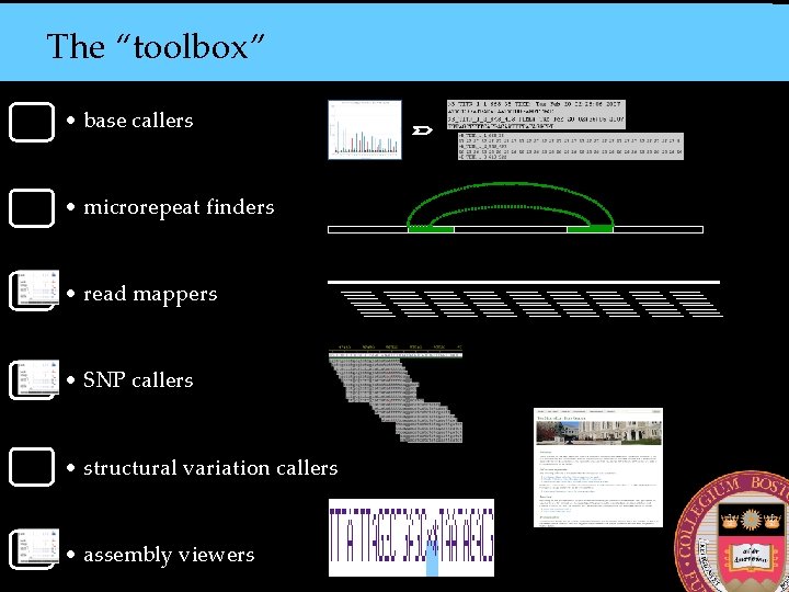 The “toolbox” • base callers • microrepeat finders • read mappers • SNP callers