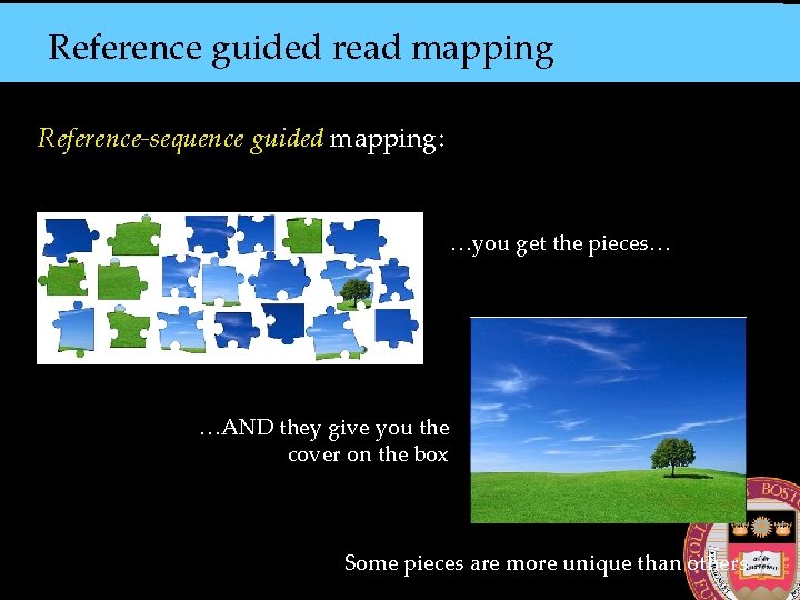 Reference guided read mapping Reference-sequence guided mapping: …you get the pieces… …AND they give