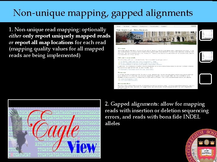 Non-unique mapping, gapped alignments 1. Non-unique read mapping: optionally either only report uniquely mapped