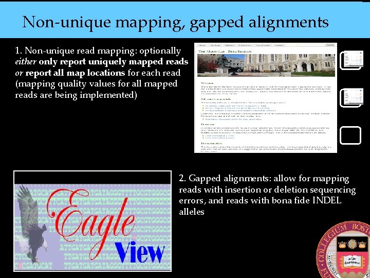 Non-unique mapping, gapped alignments 1. Non-unique read mapping: optionally either only report uniquely mapped