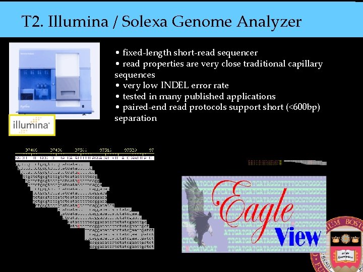 T 2. Illumina / Solexa Genome Analyzer • fixed-length short-read sequencer • read properties