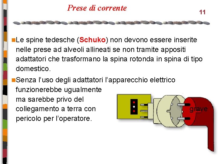 Prese di corrente 11 n. Le spine tedesche (Schuko) Schuko non devono essere inserite