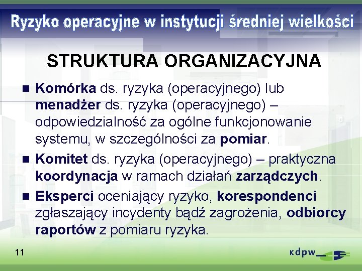 STRUKTURA ORGANIZACYJNA Komórka ds. ryzyka (operacyjnego) lub menadżer ds. ryzyka (operacyjnego) – odpowiedzialność za