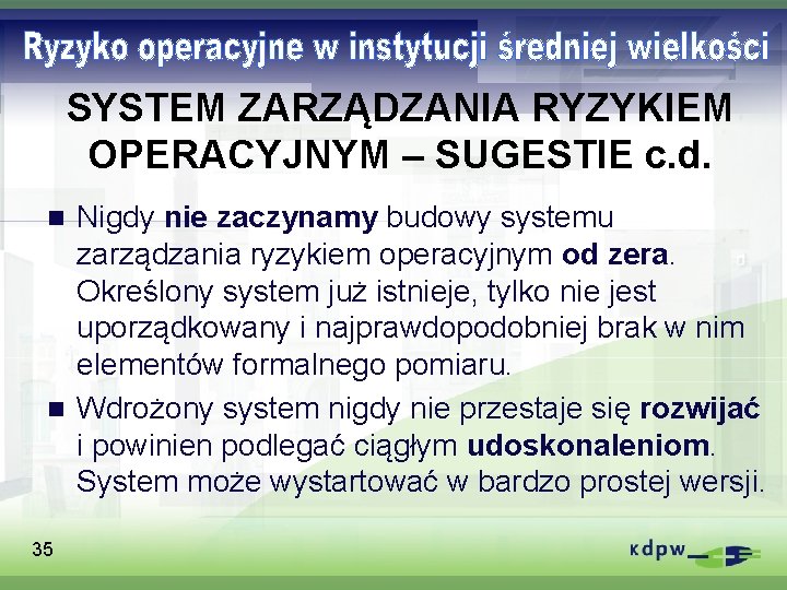 SYSTEM ZARZĄDZANIA RYZYKIEM OPERACYJNYM – SUGESTIE c. d. Nigdy nie zaczynamy budowy systemu zarządzania