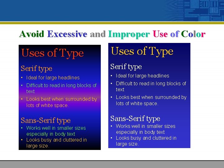 Avoid Excessive and Improper Use of Color Uses of Type Serif type • Ideal