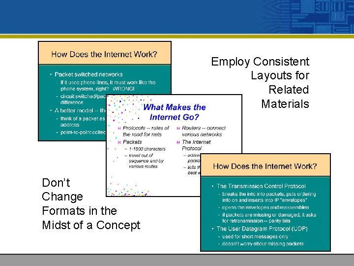 Employ Consistent Layouts for Related Materials Don’t Change Formats in the Midst of a