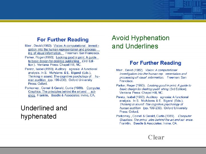 Avoid Hyphenation and Underlines Underlined and hyphenated Clear 