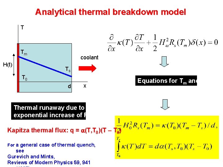 Analytical thermal breakdown model T Tm H(t) coolant Ts T 0 d x Thermal