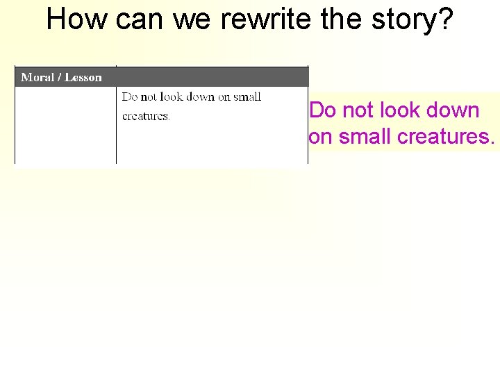 How can we rewrite the story? Do not look down on small creatures. 