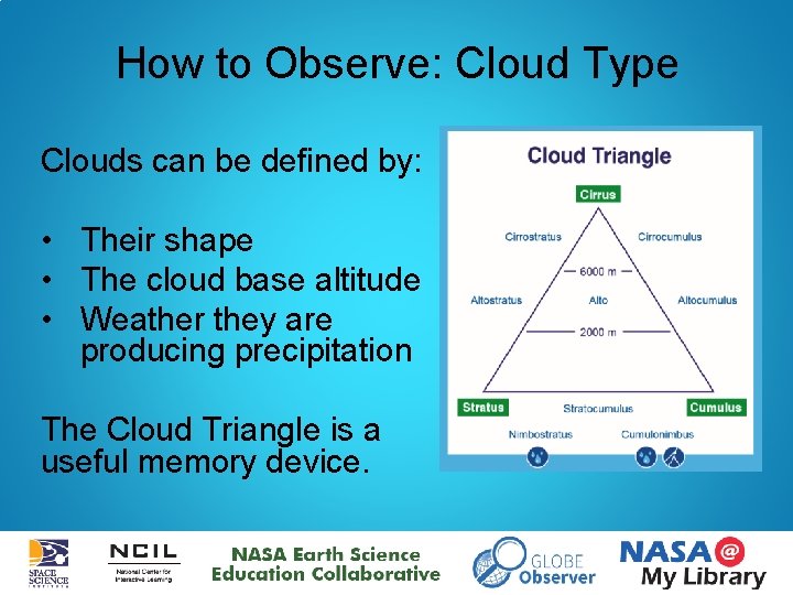 How to Observe: Cloud Type Clouds can be defined by: • Their shape •