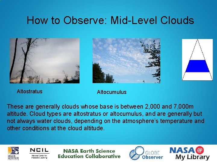 How to Observe: Mid-Level Clouds Altostratus Altocumulus These are generally clouds whose base is