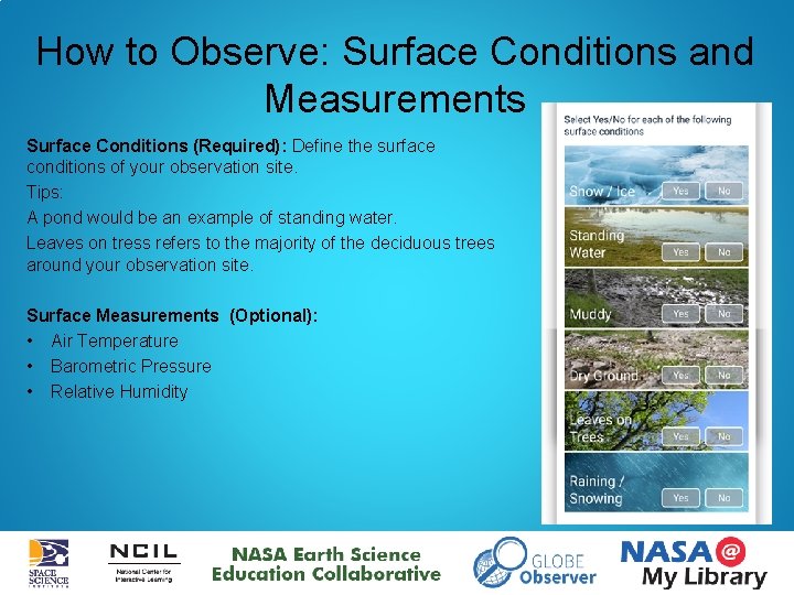 How to Observe: Surface Conditions and Measurements Surface Conditions (Required): Define the surface conditions