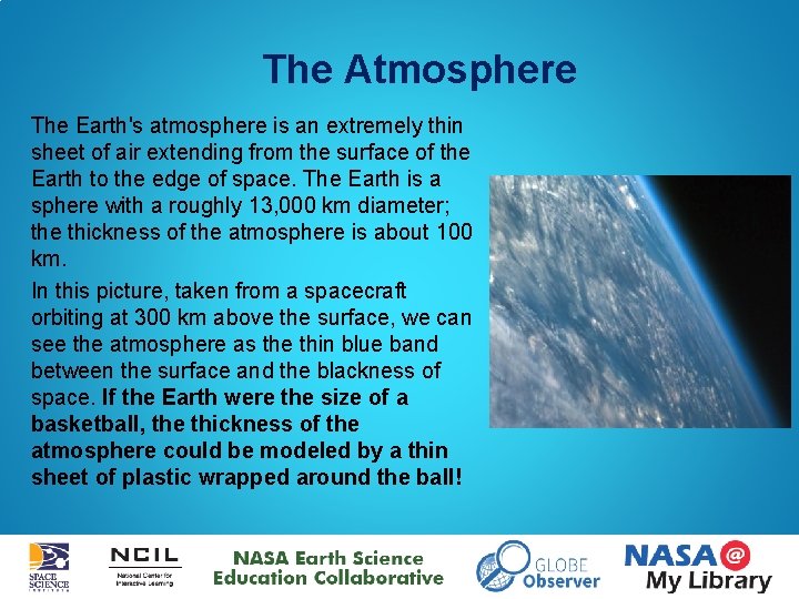 The Atmosphere The Earth's atmosphere is an extremely thin sheet of air extending from