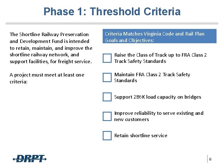 Phase 1: Threshold Criteria The Shortline Railway Preservation and Development Fund is intended to