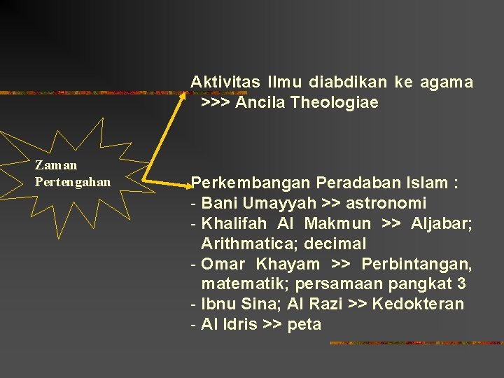 Aktivitas Ilmu diabdikan ke agama >>> Ancila Theologiae Zaman Pertengahan Perkembangan Peradaban Islam :