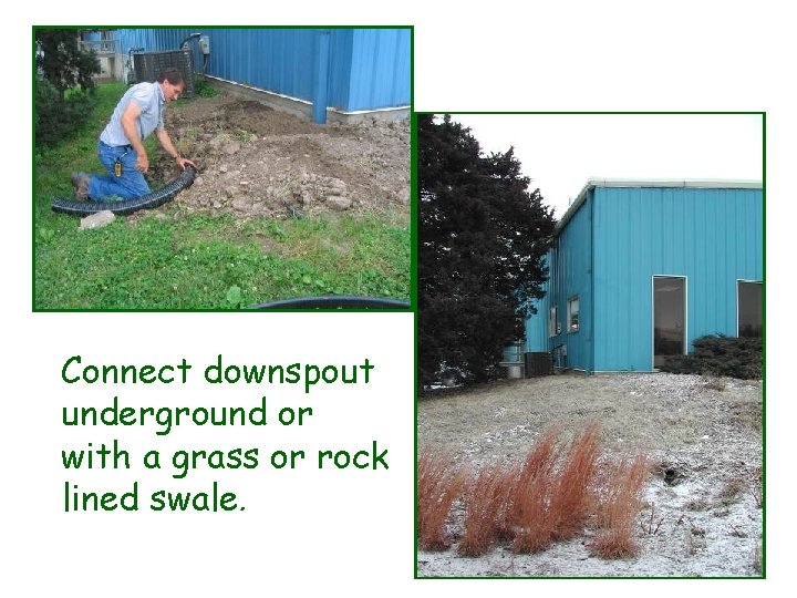 Connect downspout underground or with a grass or rock lined swale. 