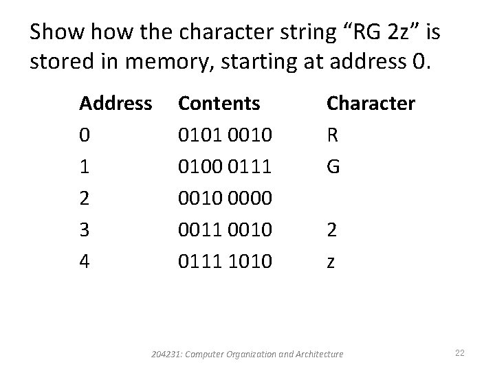 Show the character string “RG 2 z” is stored in memory, starting at address