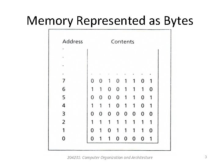 Memory Represented as Bytes 204231: Computer Organization and Architecture 3 