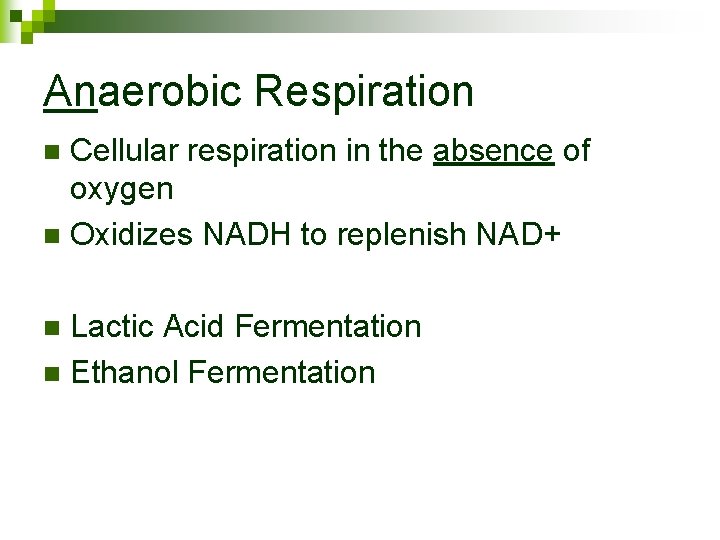 Anaerobic Respiration Cellular respiration in the absence of oxygen n Oxidizes NADH to replenish