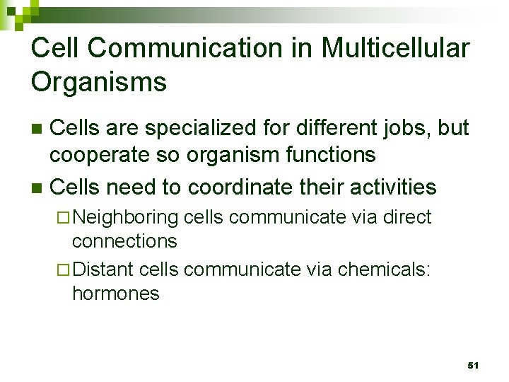 Cell Communication in Multicellular Organisms Cells are specialized for different jobs, but cooperate so