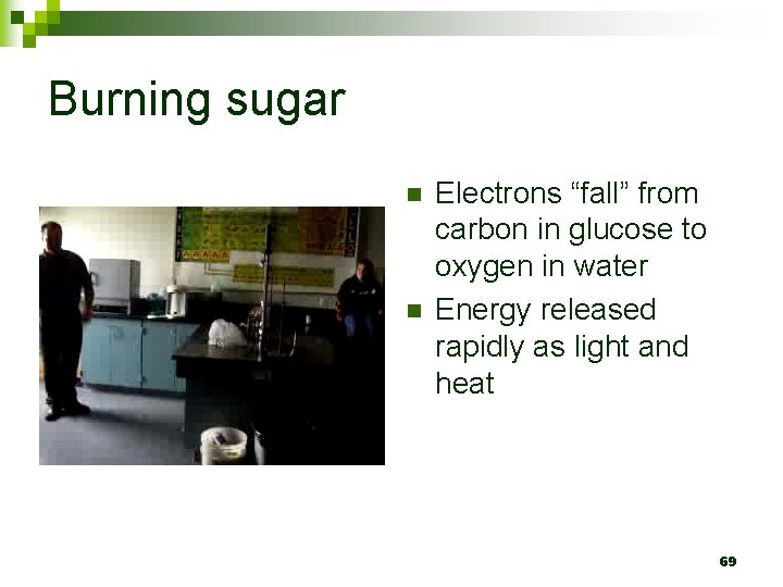 Burning sugar n n Electrons “fall” from carbon in glucose to oxygen in water