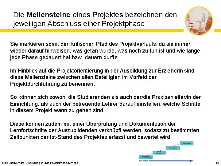 Die Meilensteines Projektes bezeichnen den jeweiligen Abschluss einer Projektphase Sie markieren somit den kritischen