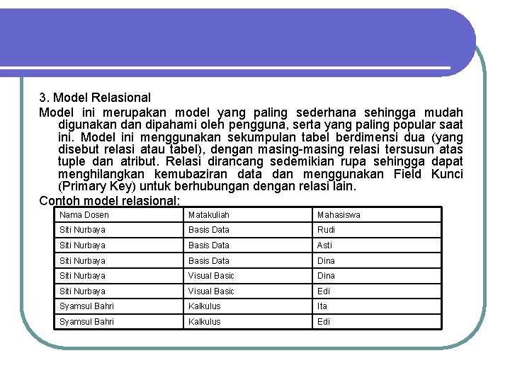 3. Model Relasional Model ini merupakan model yang paling sederhana sehingga mudah digunakan dipahami