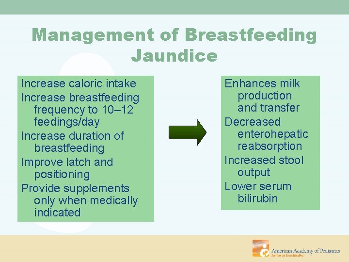 Management of Breastfeeding Jaundice Increase caloric intake Increase breastfeeding frequency to 10– 12 feedings/day