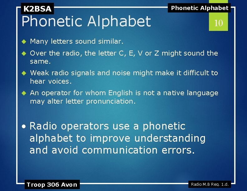 K 2 BSA Phonetic Alphabet 10 Many letters sound similar. Over the radio, the