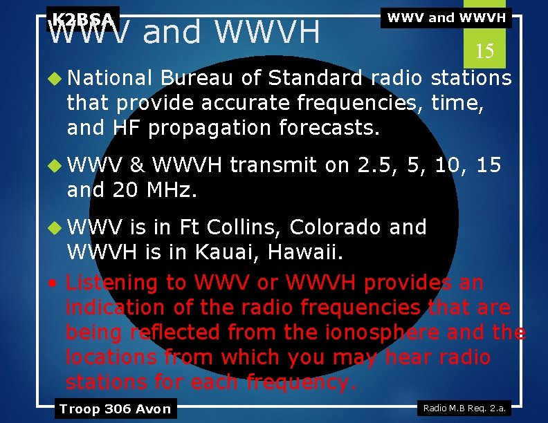 K 2 BSA WWV and WWVH 15 National Bureau of Standard radio stations that