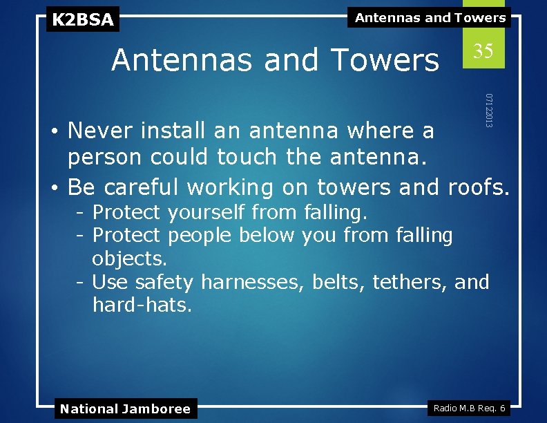 K 2 BSA Antennas and Towers 35 07122013 • Never install an antenna where